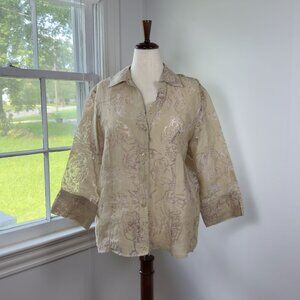 Vintage Sarah Bentley Floral Cream Button Down Shirt XL Oversized Cottage